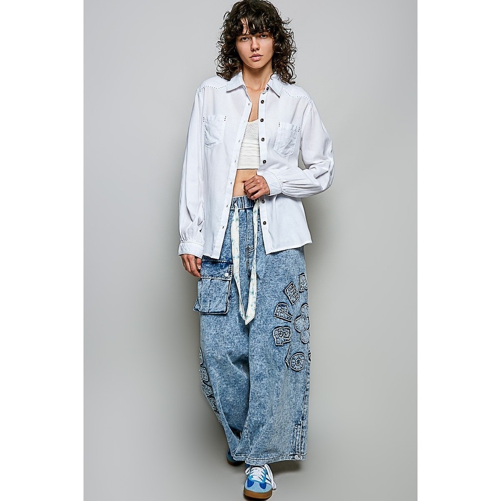 POL Washed Textured Cotton Western Button Front Shirt - Off White - Small - Picture 5 of 6